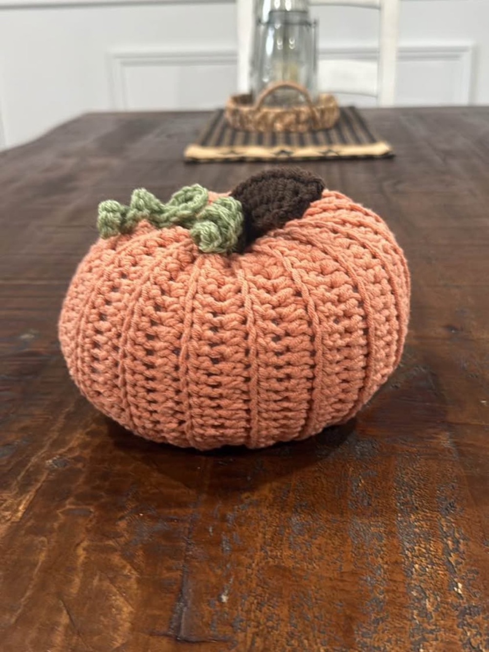 Source Unknown Peach Crochet Pumpkin with Brown Stem and Green Leaf